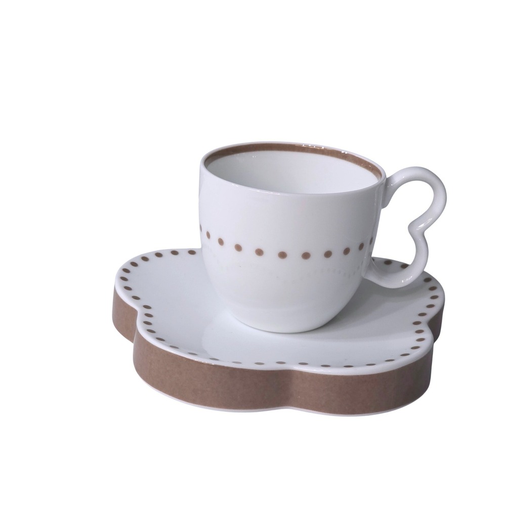 Abode White Taupe Polka Dot Espresso Cup Saucer Set Heart Handle Flower Shape
